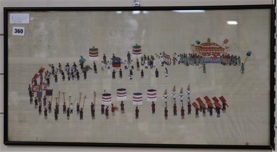 An early 20th century Chinese gouache on silk of a procession, 33 x 66cm